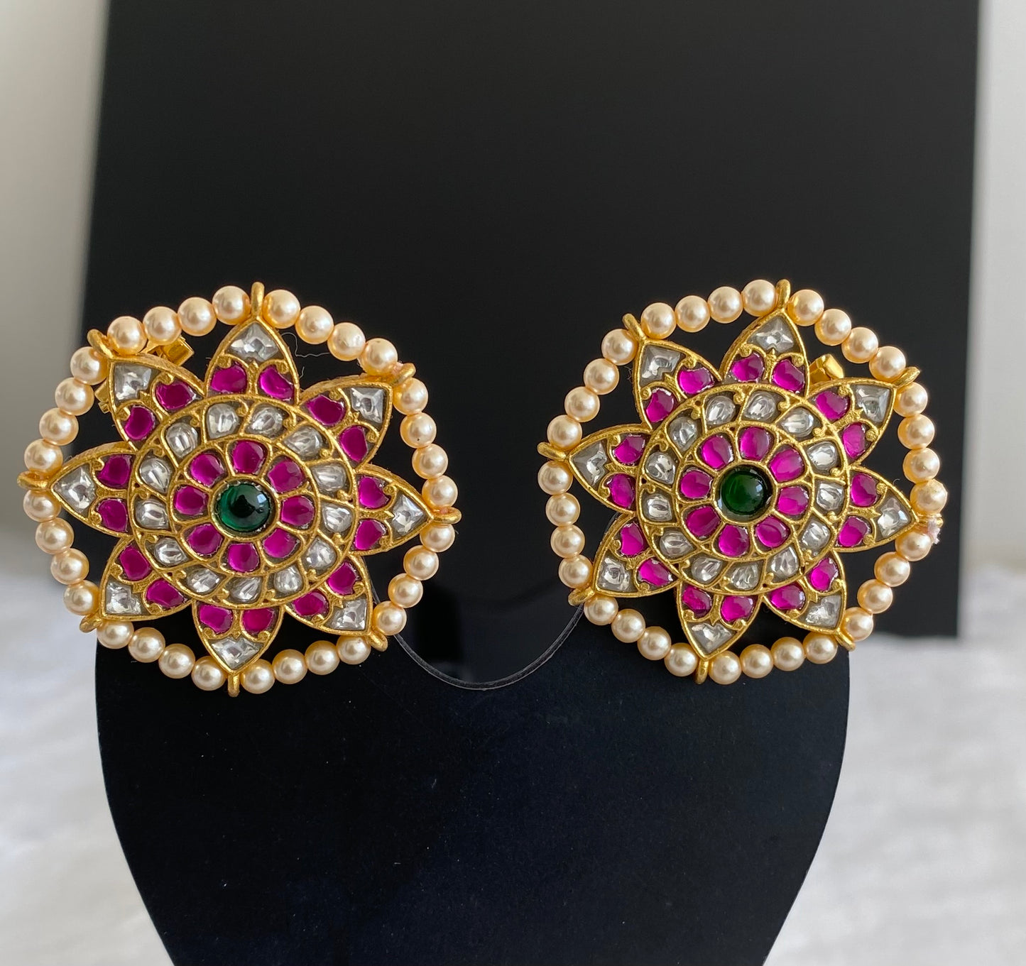 Gold tone pink-white-green pearl kundan jadau flower stud/earrings dj-53545