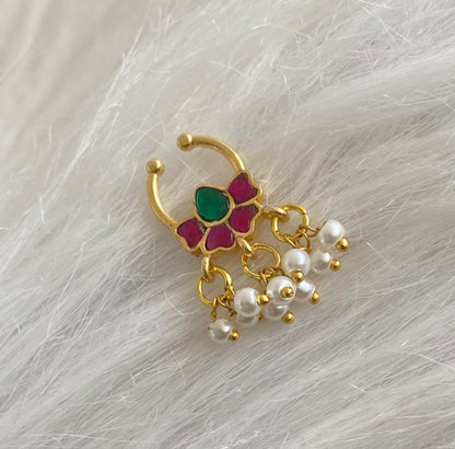 Gold tone kundan jadau pink-green stone pearl flower nose pin/bulakku dj-53793