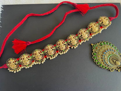 Gold tone precious kemp-green-white pearl lakshmi waist band dj-52270