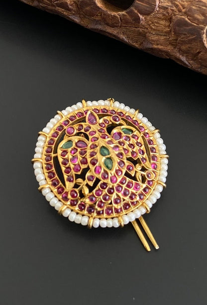 Antique gold tone pink-green pearl peacock round hair jewel (rakodi) dj-53636