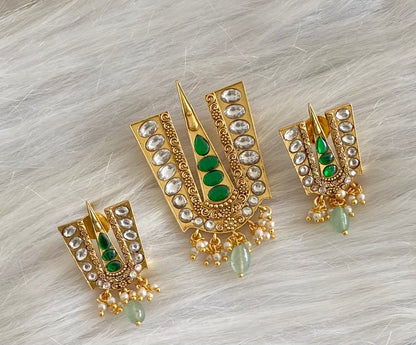 Gold tone white-green kundan jadau thirumal nama pendant set dj-53983