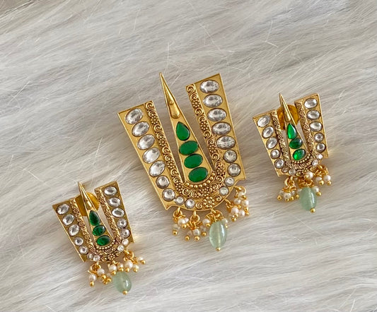 Gold tone white-green kundan jadau thirumal nama pendant set dj-53983