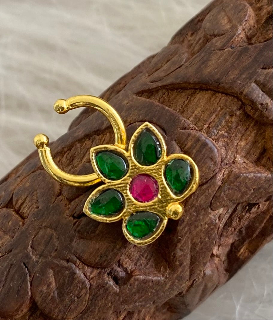 Gold tone kundan jadau green-pink stone flower nose pin/bulakku dj-53780