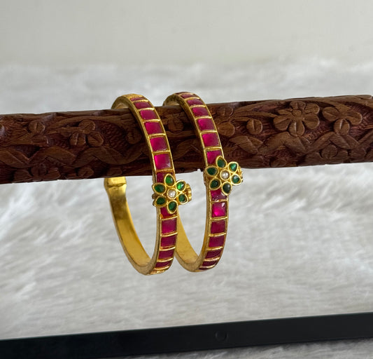 Gold tone pink-green flower kundan jadau screw type bangles(2.8) dj-51565