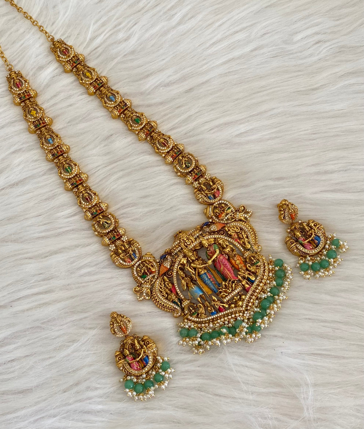 Matte finish green beaded meenakari srinivasa thirukalyanam haar set dj-54738
