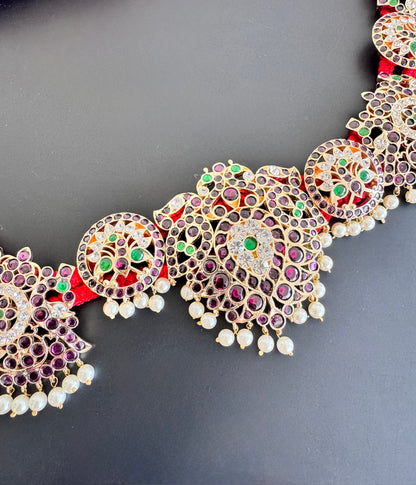 Gold tone precious kemp-green pearl peacock waist band dj-52540