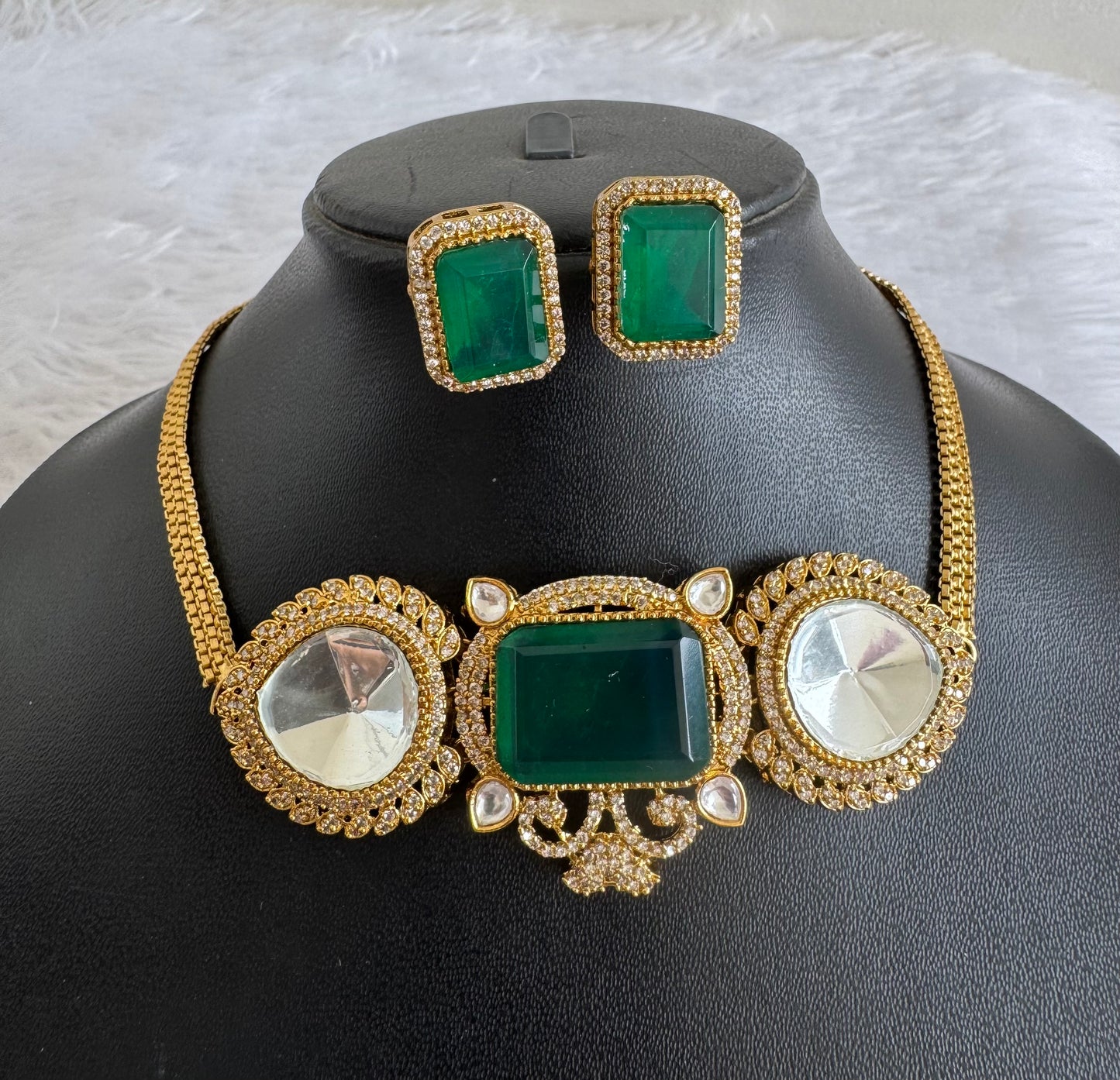 Antique gold tone cz big stone white-bottle green choker necklace set dj-51090