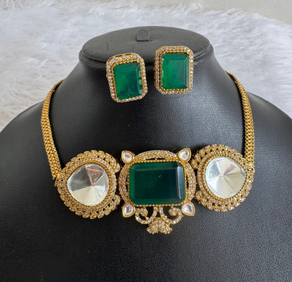 Antique gold tone cz big stone white-bottle green choker necklace set dj-51090