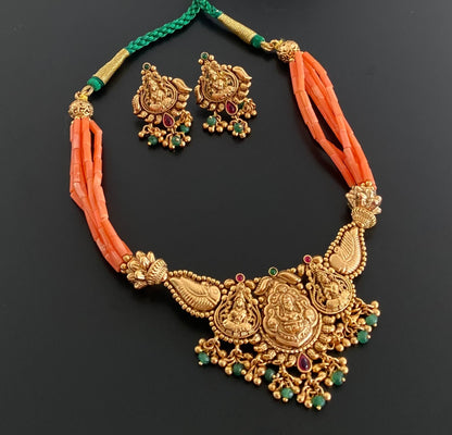 Antique gold tone coral lakshmi nakshi beaded necklace set dj-54966