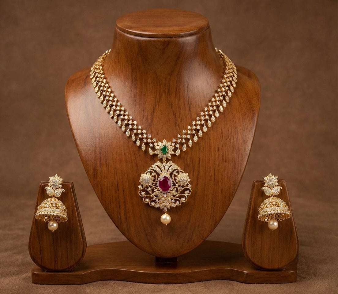 Gold tone cz ruby-emerald floral necklace set dj-07137