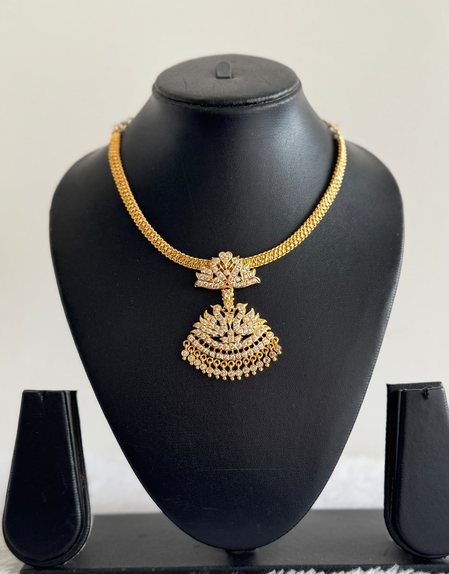 Gold tone South Indian style AD white swan attigai/necklace dj-52211