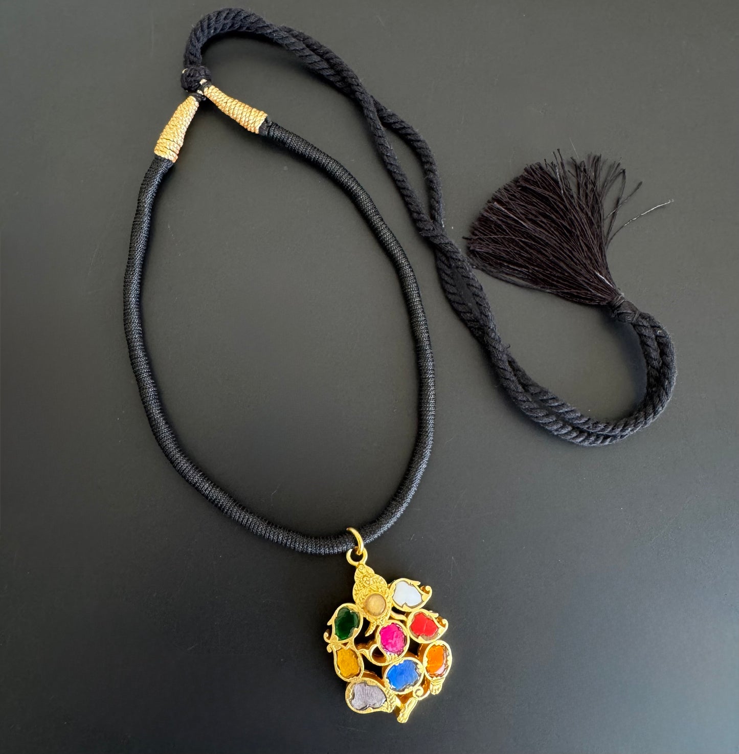 Gold tone black thread ganesha navarathna kundan jadau necklace dj-52505