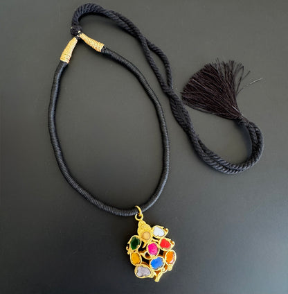 Gold tone black thread ganesha navarathna kundan jadau necklace dj-52505