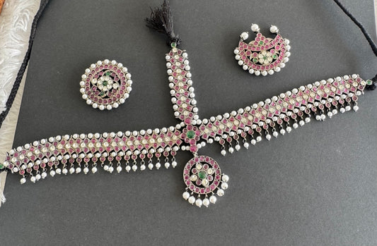 Black finish real kemp-green-white pearl maang tikka dj-52013