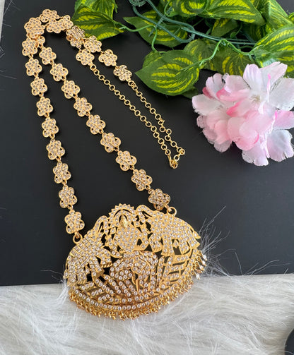Gold tone south indian style grand AD white gaja lakshmi haar dj-51188