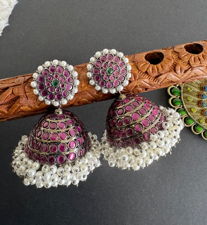 Black finish precious kemp-green-white stone pearl big jhumkka dj-52012