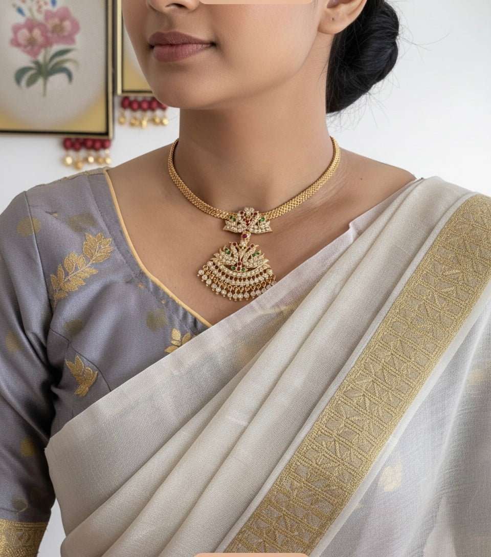 Gold tone South Indian style AD white-ruby-green swan attigai/necklace dj-52213