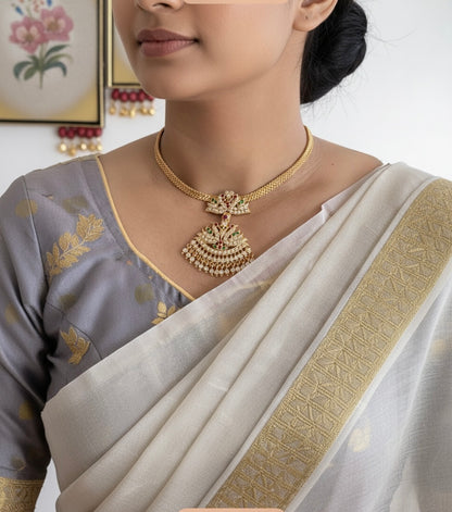 Gold tone South Indian style AD white-ruby-green swan attigai/necklace dj-52213