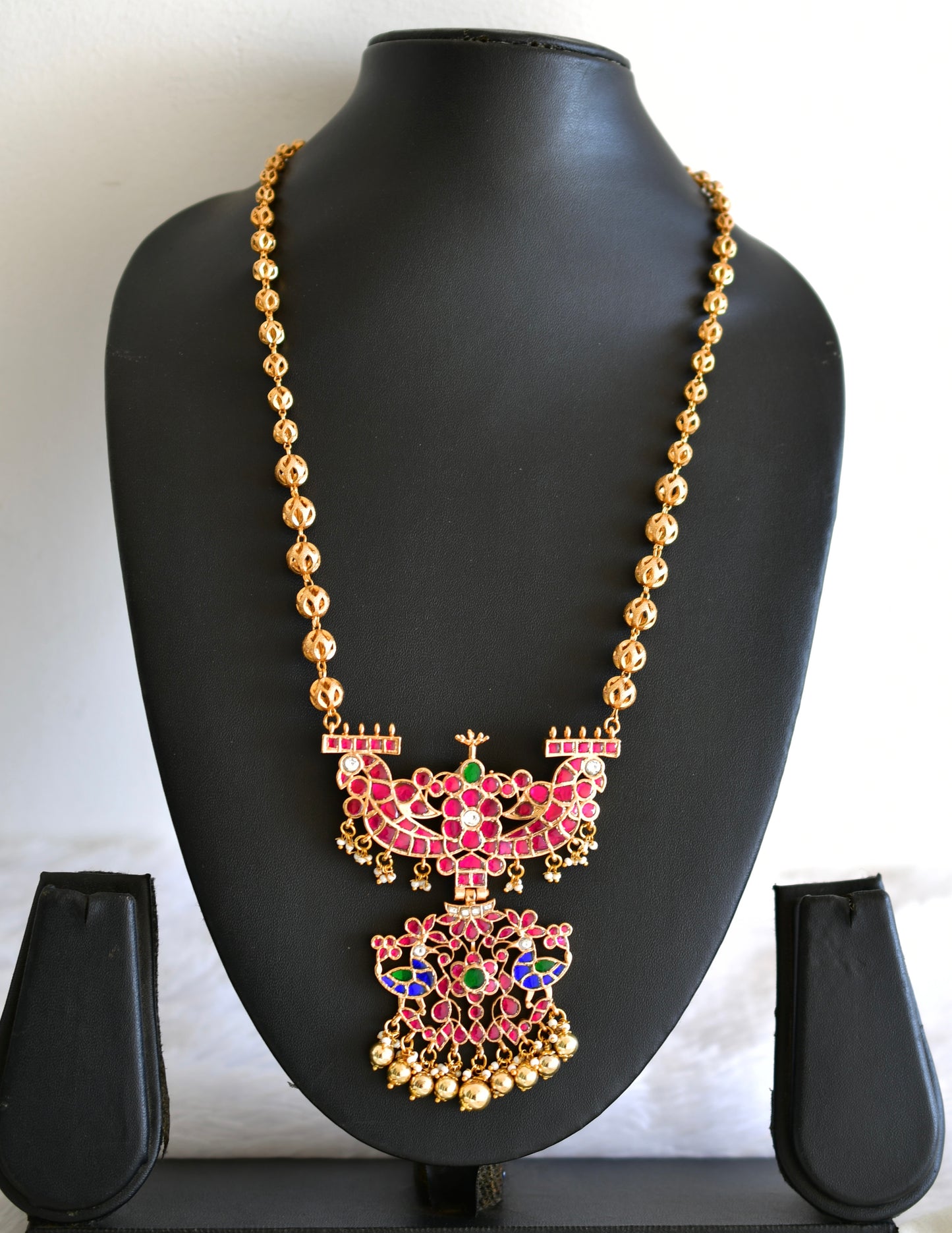 Gold tone pink-green-blue kundan jadau peacock pendant necklace dj-52601