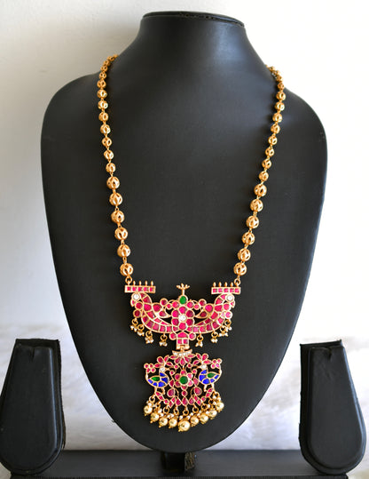 Gold tone pink-green-blue kundan jadau peacock pendant necklace dj-52601