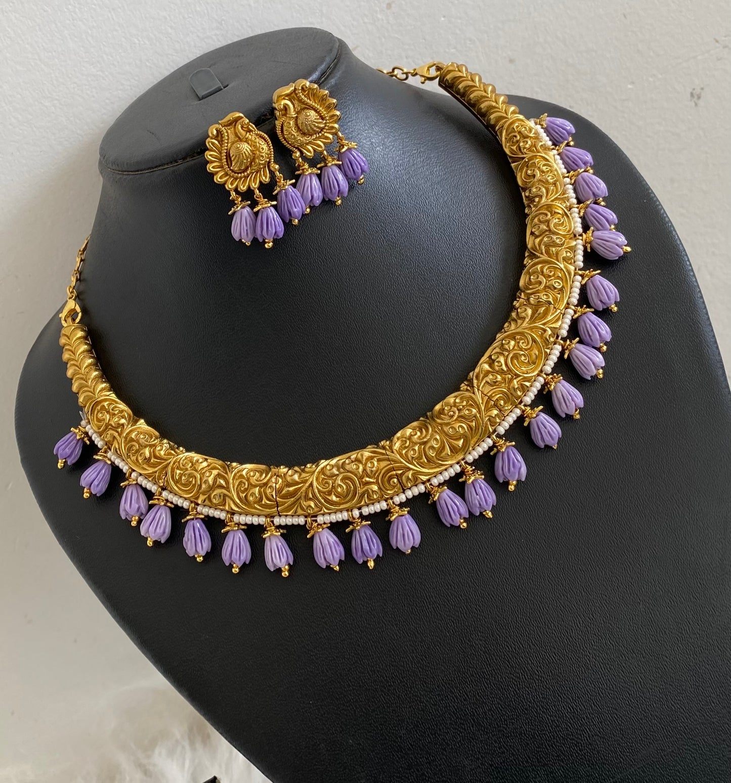 Antique gold tone purple tulip beaded kante necklace set dj-54535