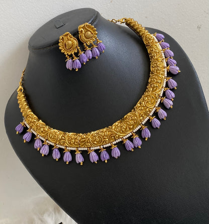 Antique gold tone purple tulip beaded kante necklace set dj-54535
