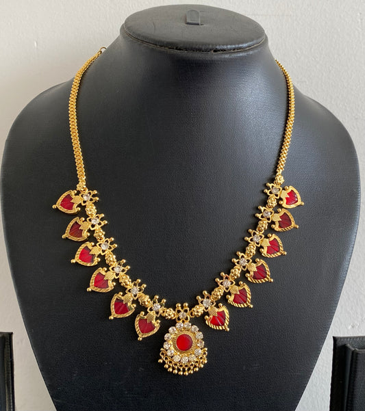Gold tone white-red palakka necklace dj-53070