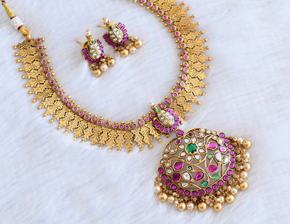 Antique gold tone pink-green-white flower necklace set dj-53010