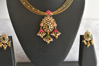 Antique gold tone pink-green kundan jadau kante necklace set dj-52423