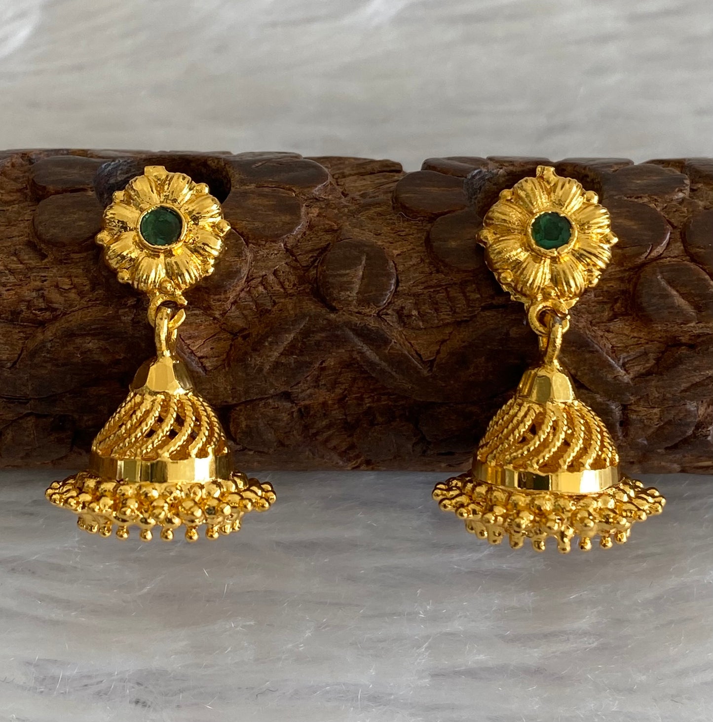 Gold tone green stone flower screw back  jhumkka-dj52893