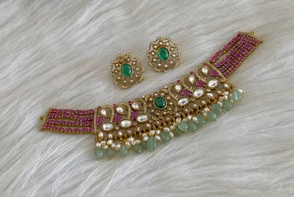 Antique gold tone peacock kundan sea green beaded choker necklace set dj-54799