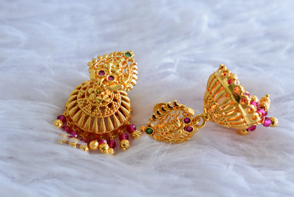 Gold tone kerala style pink-green lakshmi jhumkka dj-51805