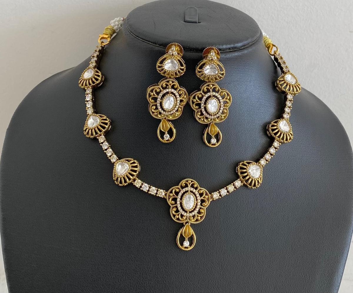 Dark antique finish white stone necklace set dj-54758