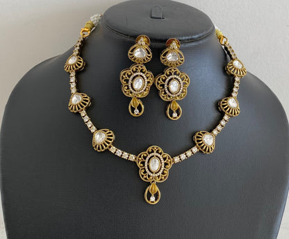 Dark antique finish white stone necklace set dj-54758