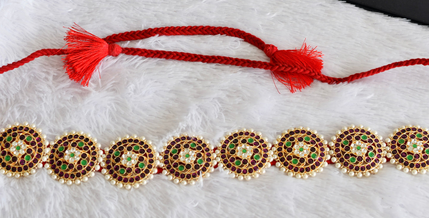 Gold tone precious kemp-green-white pearl round waist band dj-52271