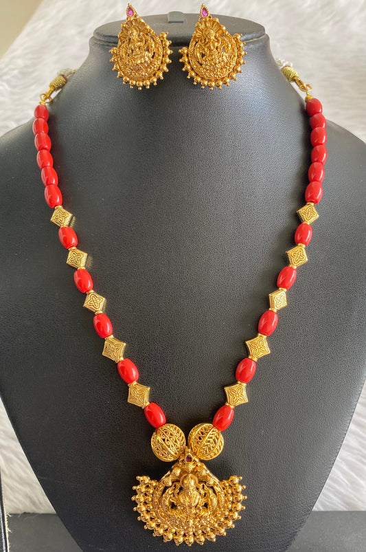 Matte finish coral-kemp stone lakshmi necklace set dj-46329