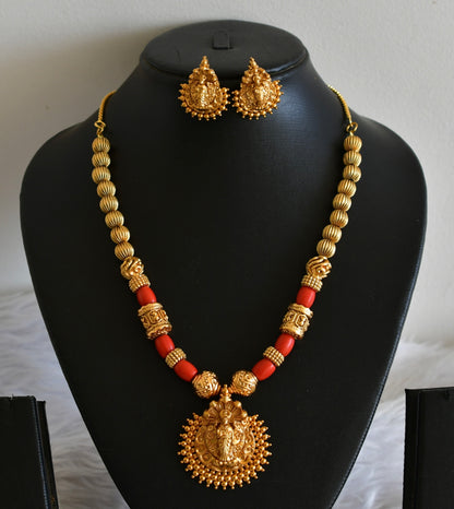 Matte finish coral beaded lakshmi necklace set dj-46499