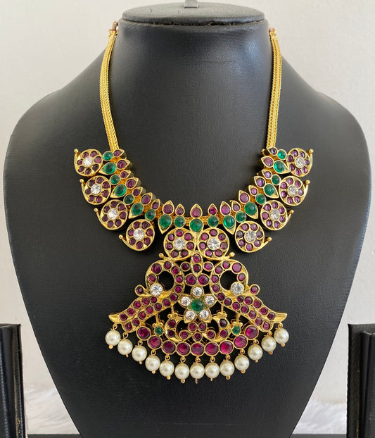 Gold tone precious kemp-white-green pearl mango peacock necklace dj-53362