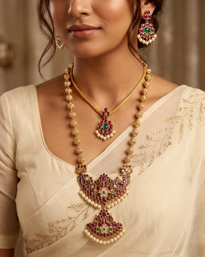 Gold tone precious kemp-green-white pearl peacock nakshi beaded combo set dj-54942