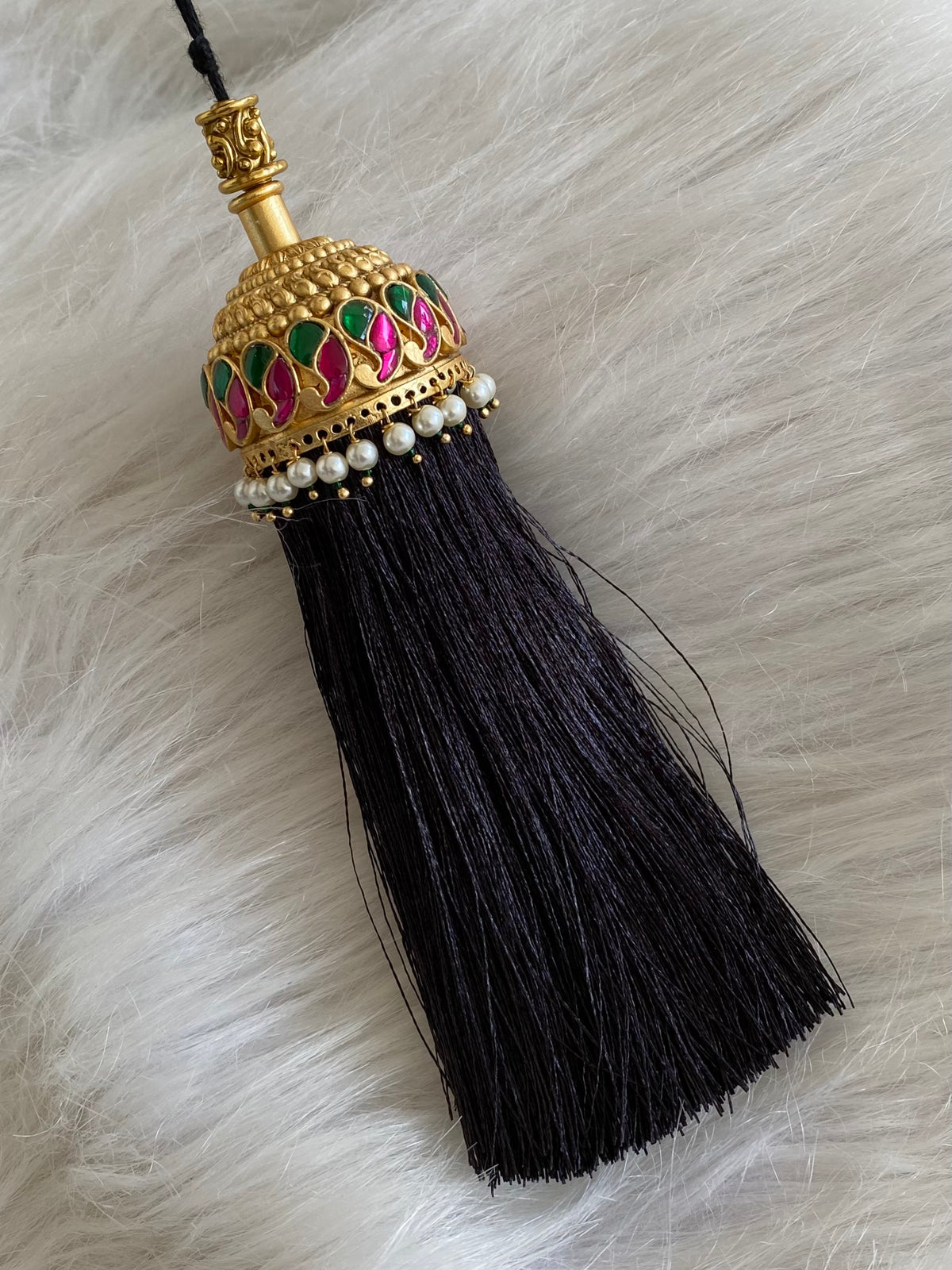 Matte finish kundan jadau pink-green stone mango pearl bridal kuppulu(Hair accessory) dj-55076