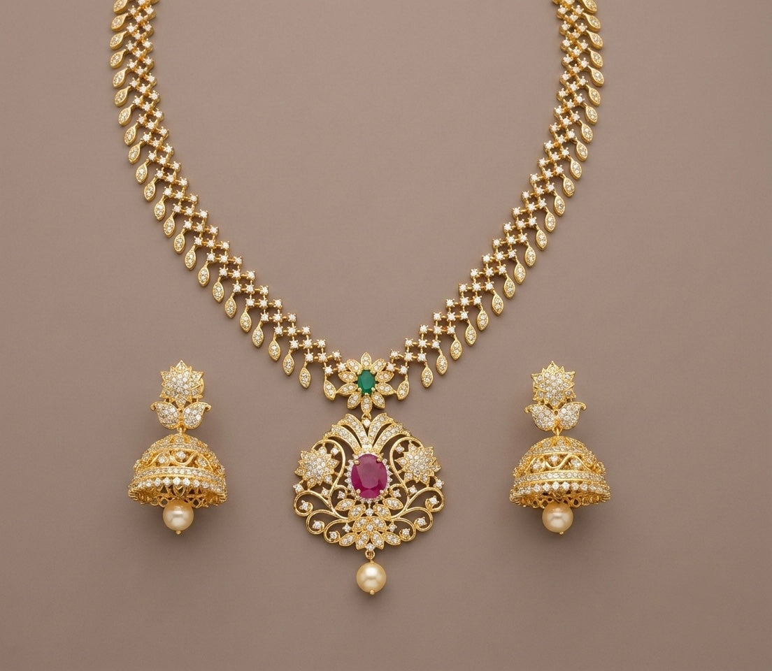 Gold tone cz ruby-emerald floral necklace set dj-07137