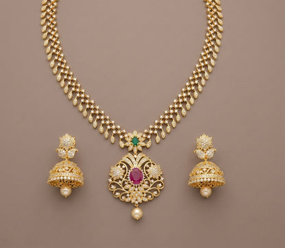 Gold tone cz ruby-emerald floral necklace set dj-07137