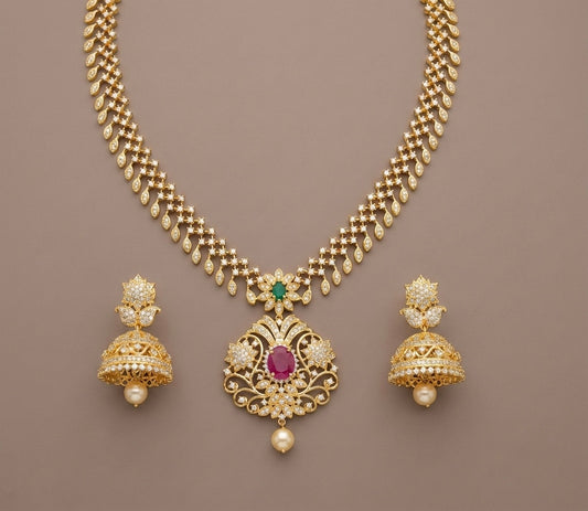 Gold tone cz ruby-emerald floral necklace set dj-07137