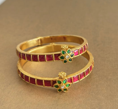 Gold tone pink-green flower kundan jadau screw type bangles(2.8) dj-51565