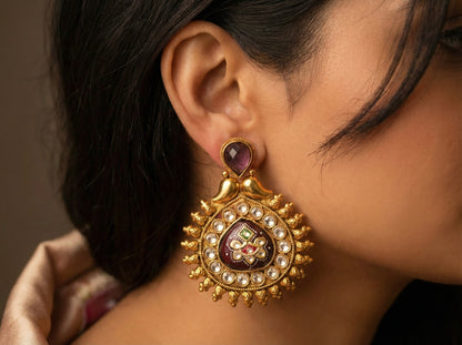Antique gold tone Meenakari purple earrings -dj17077