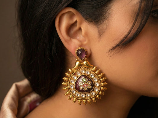 Antique gold tone Meenakari purple earrings -dj17077