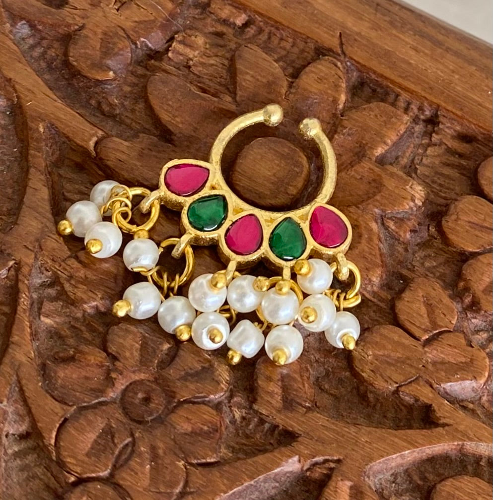 Gold tone kundan jadau pink-green stone pearl nose pin/bulakku dj-53789