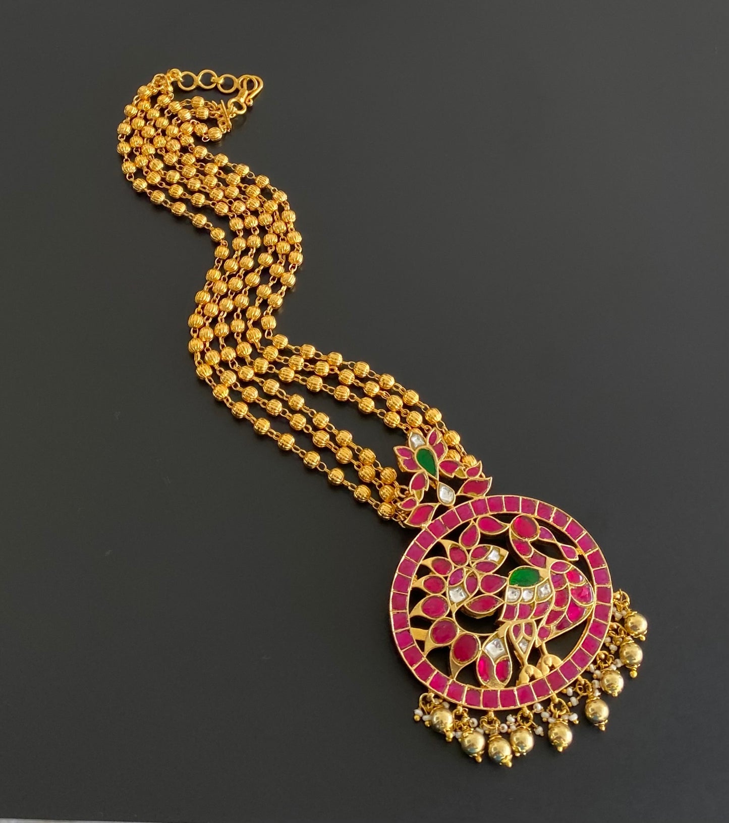 Gold tone pink-green-white kundan jadau swan necklace dj-54517