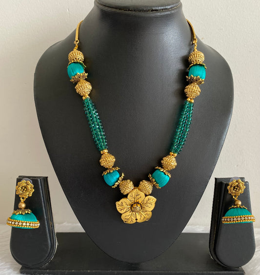 Antique gold green silk thread flower necklace set dj-52917