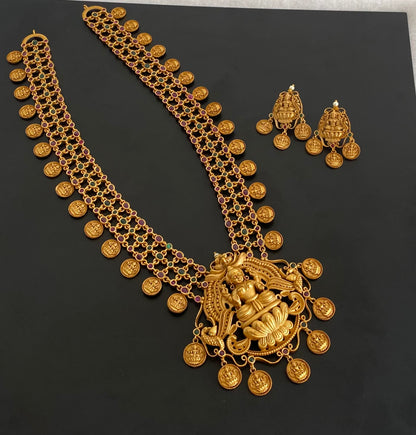 Matte finish kemp-green lakshmi coin haar set dj-55002